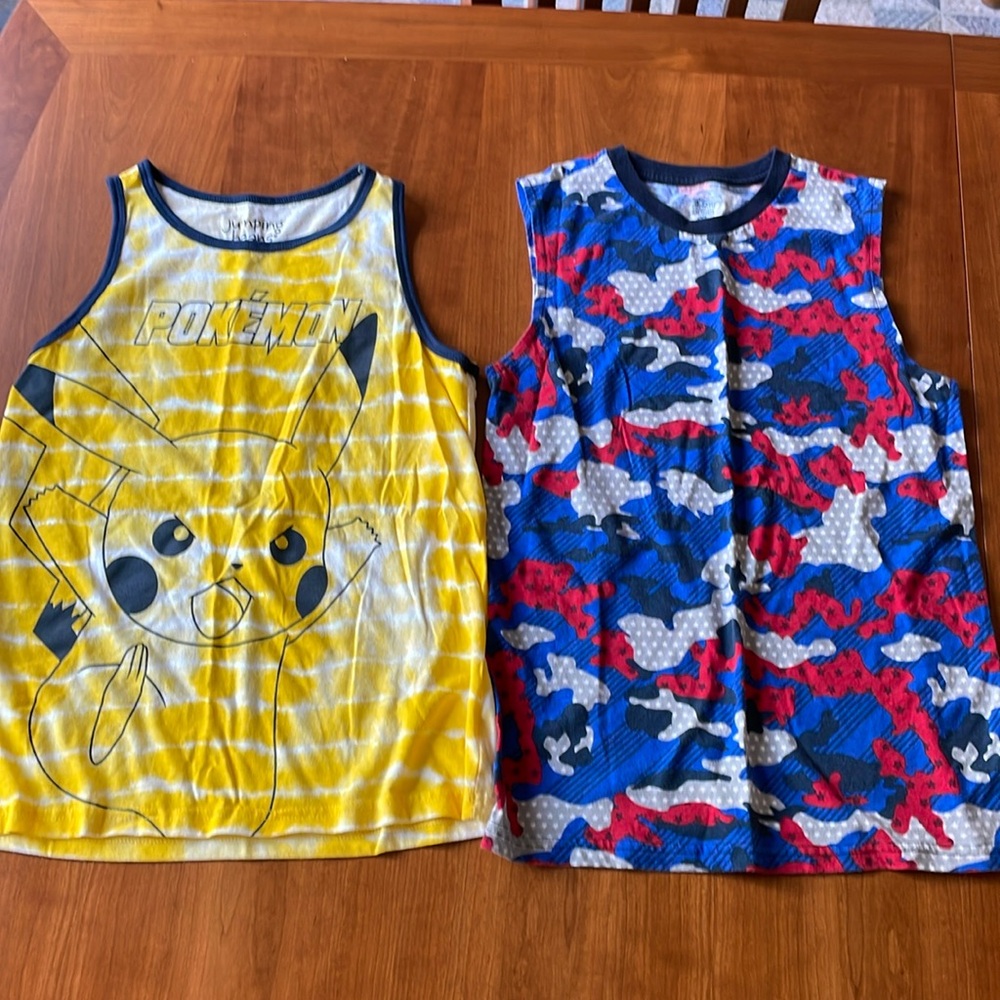Two boys Tank Tops size 10/12 🌞Pikachu Pokémon yellow tie-dye, patriotic 🇺🇸